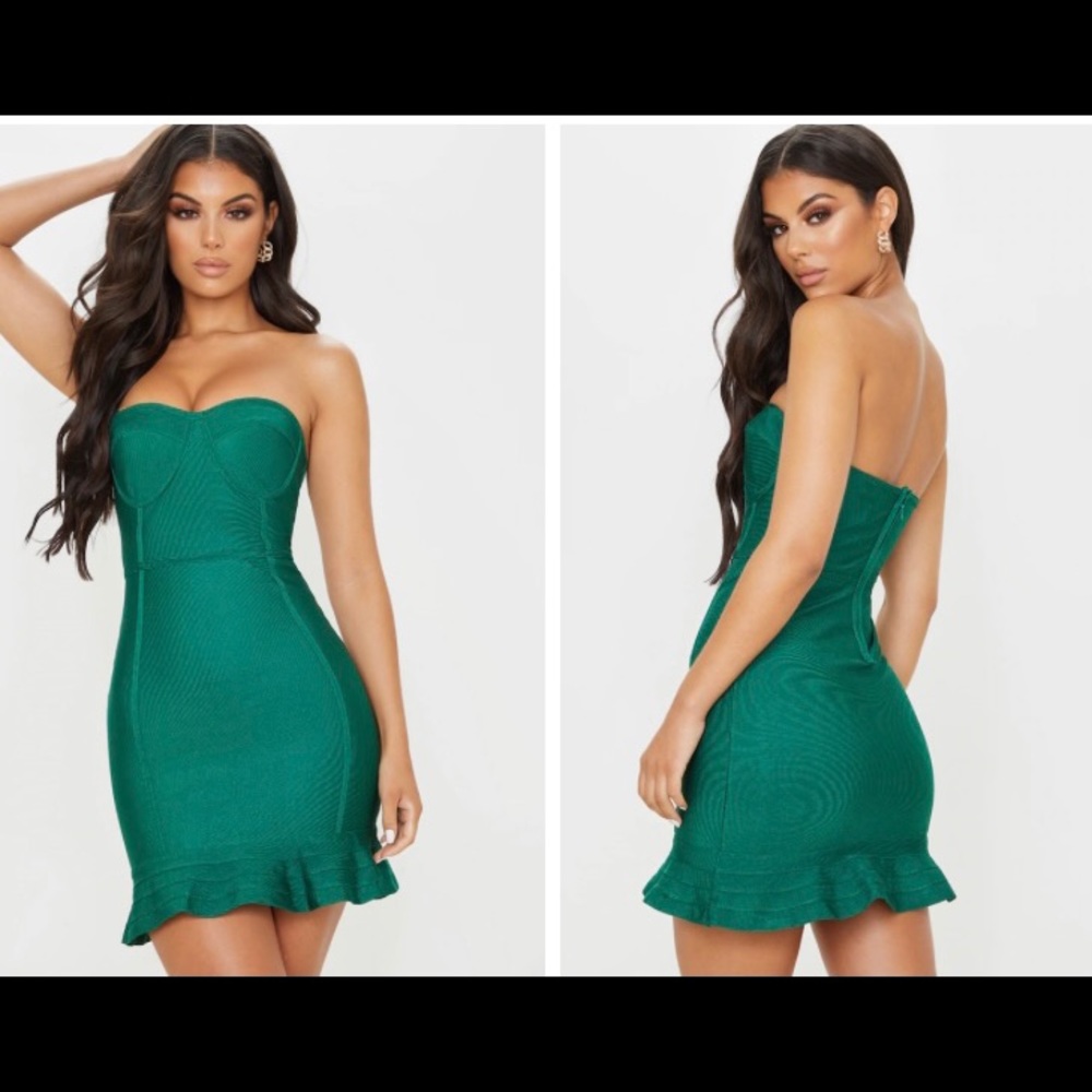 Emeral green bandage frill hem bodycon dress